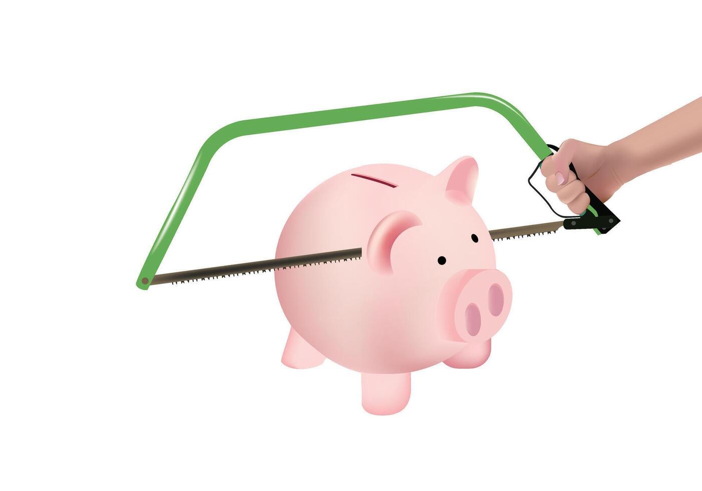 illustrazione di un' mano segare un' porcellino banca, simboleggiante bilancio tagli o risparmi vettore