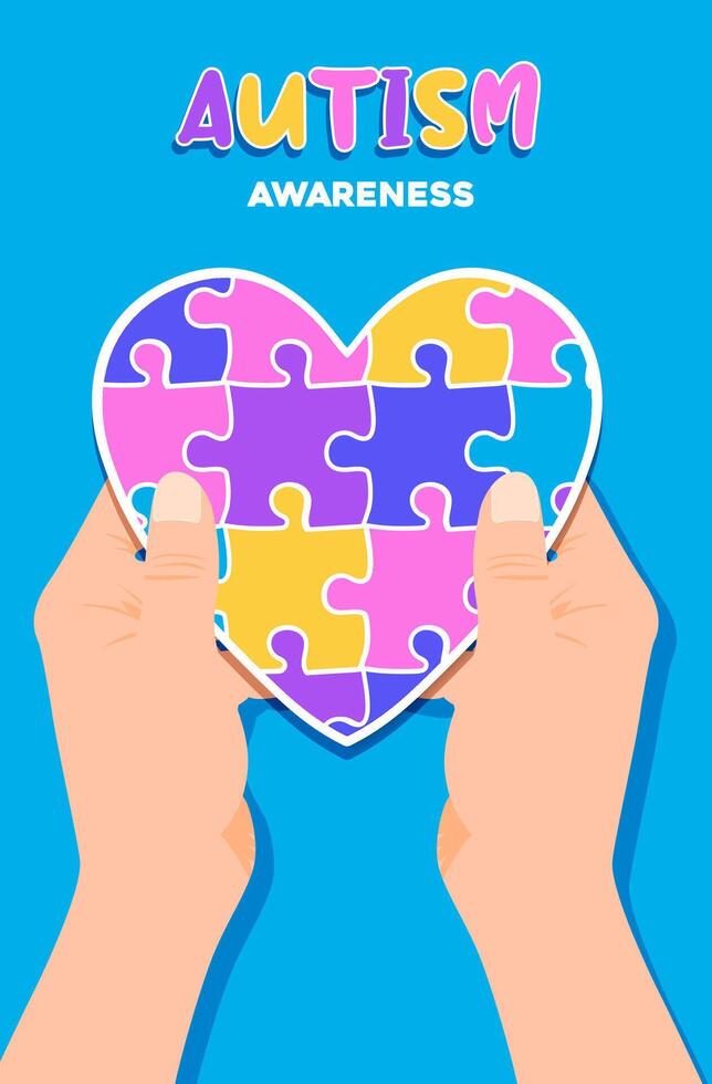 mano Tenere colorato cuore puzzle vettore design cartello. simbolo di autismo. mondo autismo consapevolezza giorno.