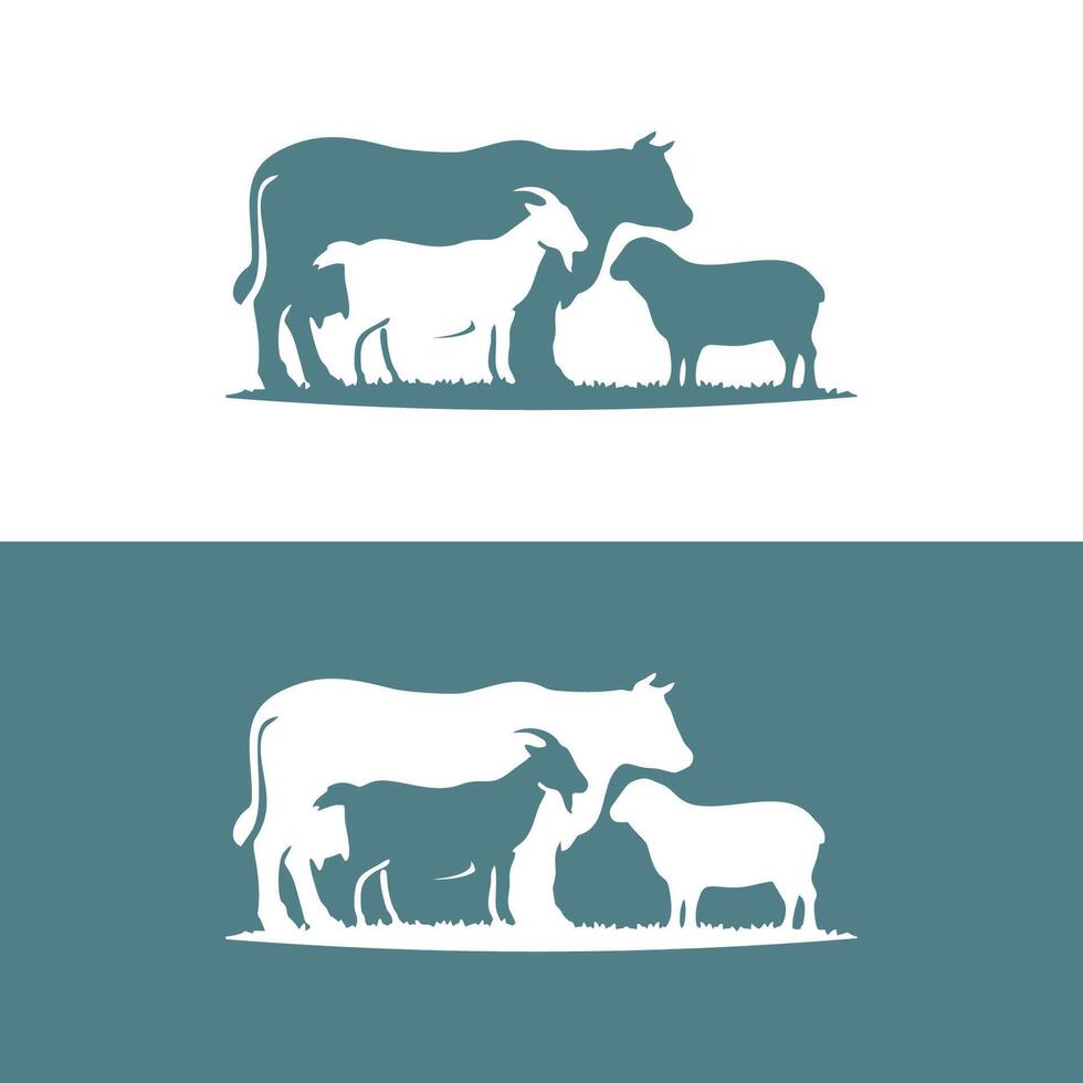 vettore silhouette illustrazione mucca pecora capra su il erba animale azienda agricola gruppo logo