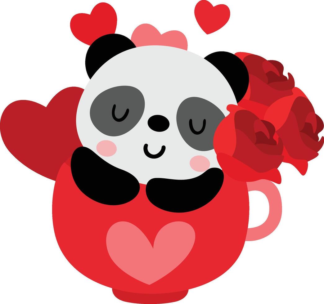 carino San Valentino panda dentro rosso amore tazza vettore