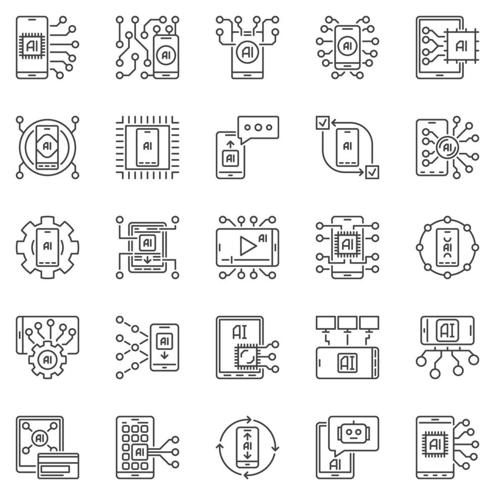artificiale intelligenza smartphone schema icone impostato - ai mobile tecnologia concetto simboli. Telefono segni vettore