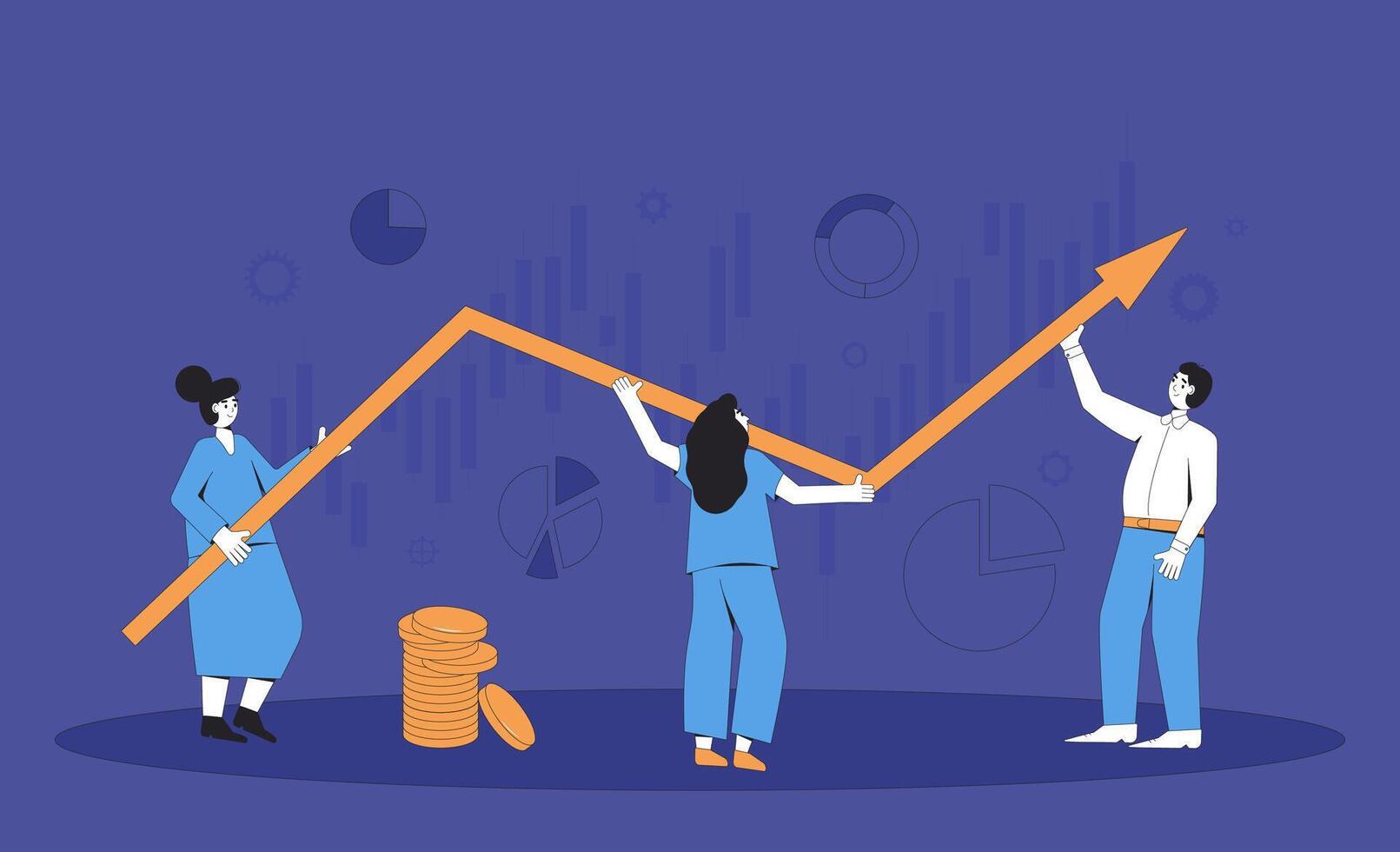 investimento freccia. Al dettaglio commercianti con azione mercato in crescita grafico. attività commerciale analisi. manager con schemi e diagrammi. finanziario ricercatori. vettore colore linea arte illustrazione.