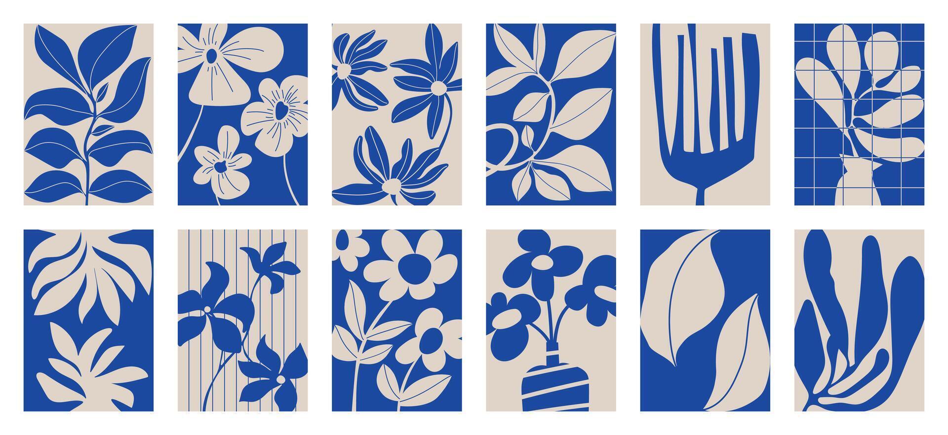 botanico scarabocchio sfondo vettore impostare. fiore e foglie, blu colore. astratto forma scarabocchio arte design per Stampa, sfondo, clipart, parete arte per casa decorazione.