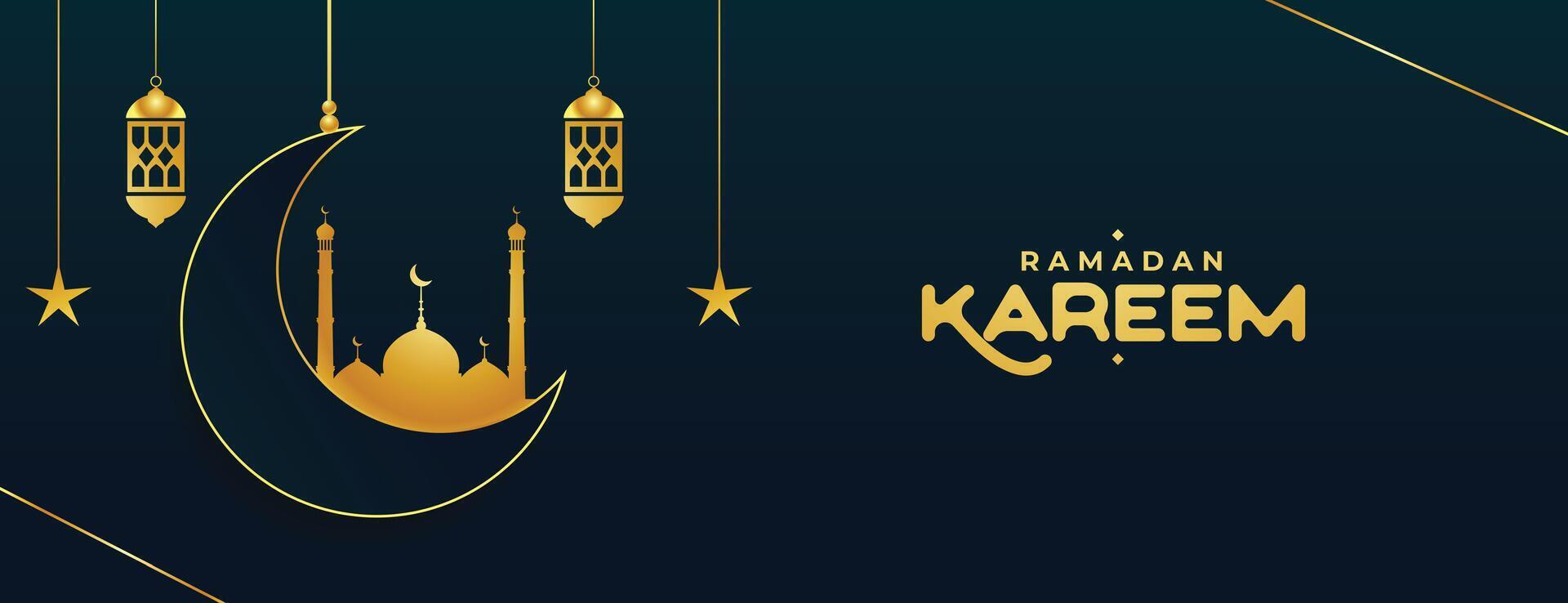 musulmano Ramadan kareem auguri bandiera con Luna e moschea vettore