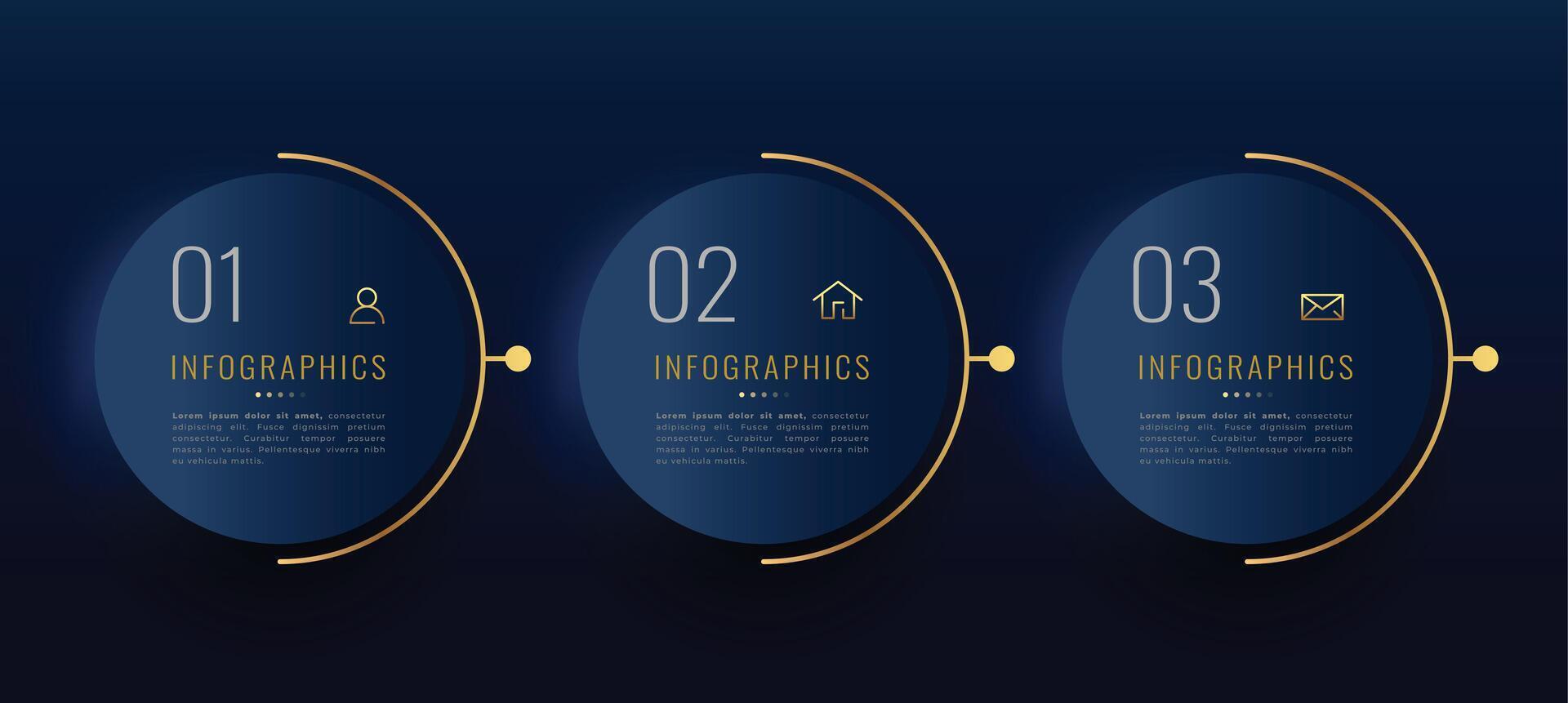 moderno Infografica d'oro bandiera con tre passo marketing processi vettore