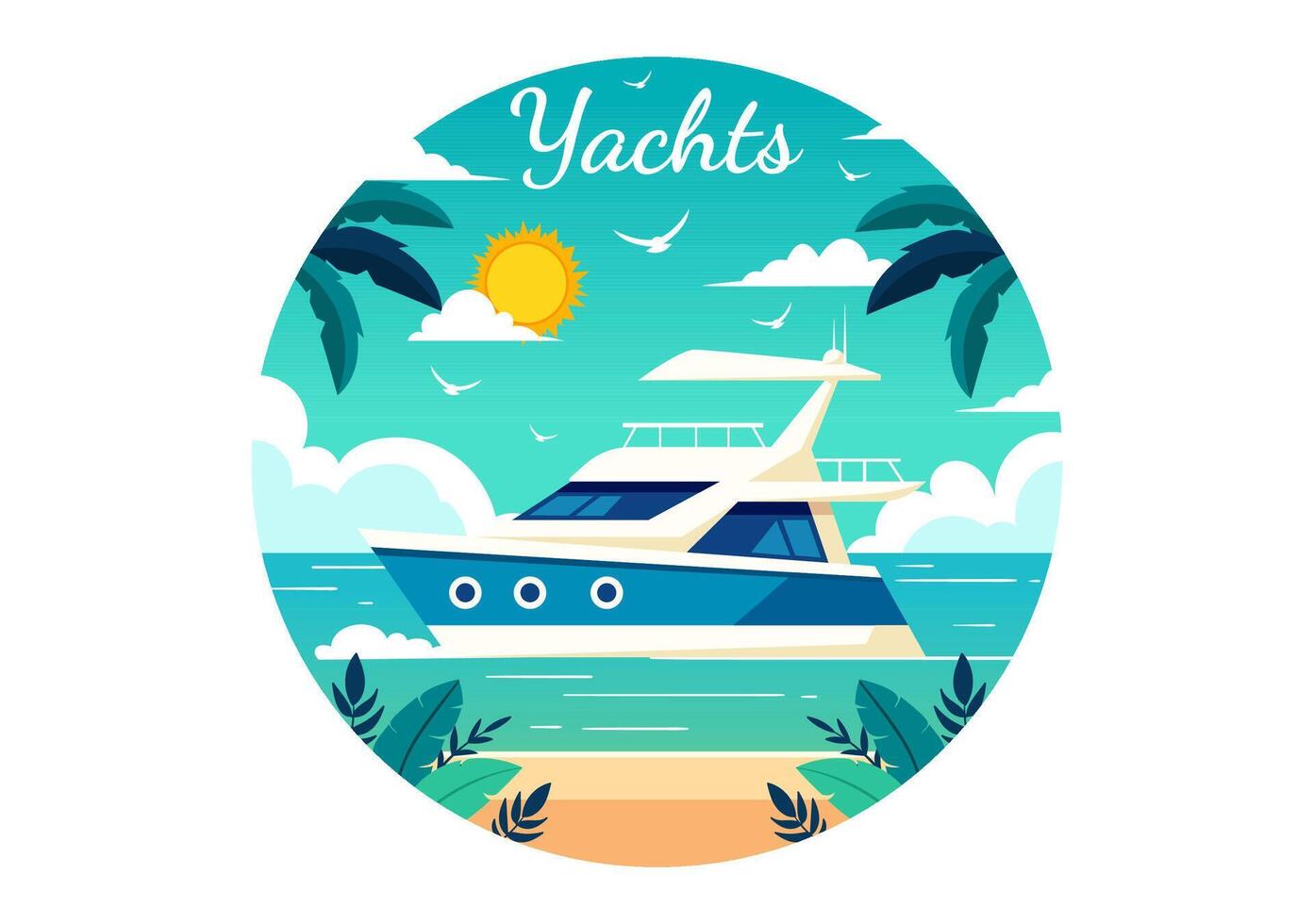 yachts vettore illustrazione con traghetti carico Barche e nave barca a vela di acqua trasporto a il spiaggia nel tramonto piatto cartone animato sfondo