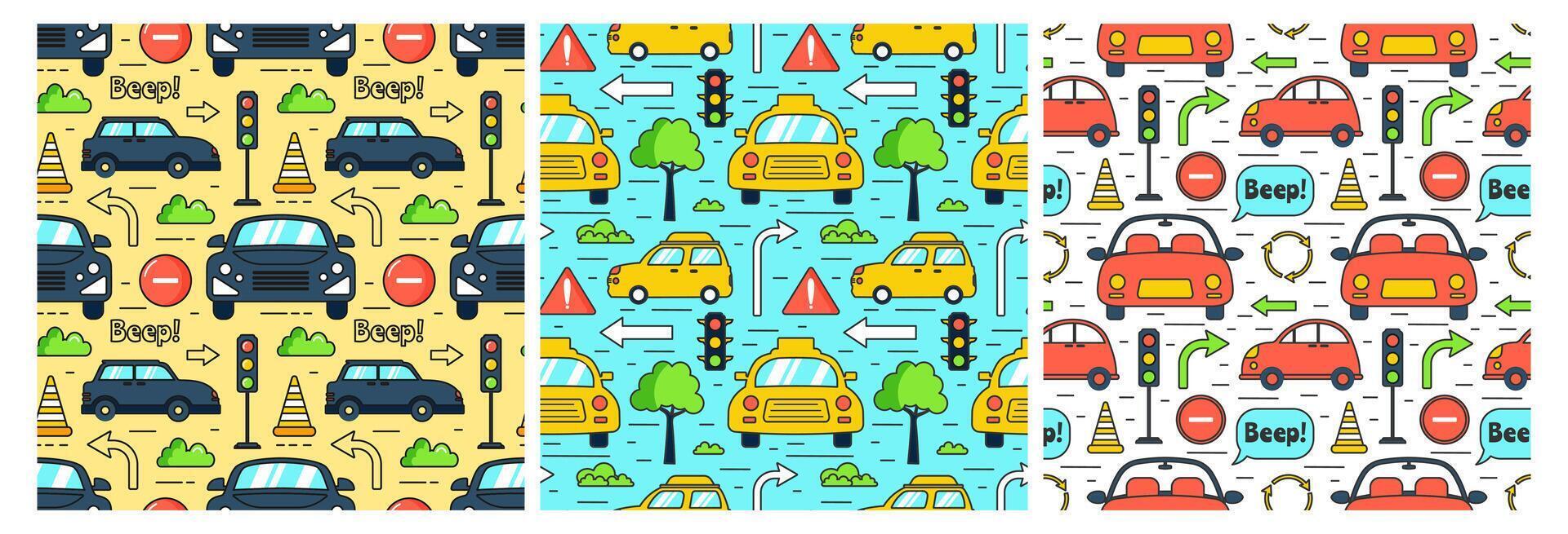 auto giocattoli senza soluzione di continuità modello design con ragazzi e ragazze bambini giocattolo attrezzatura nel cartone animato illustrazione vettore