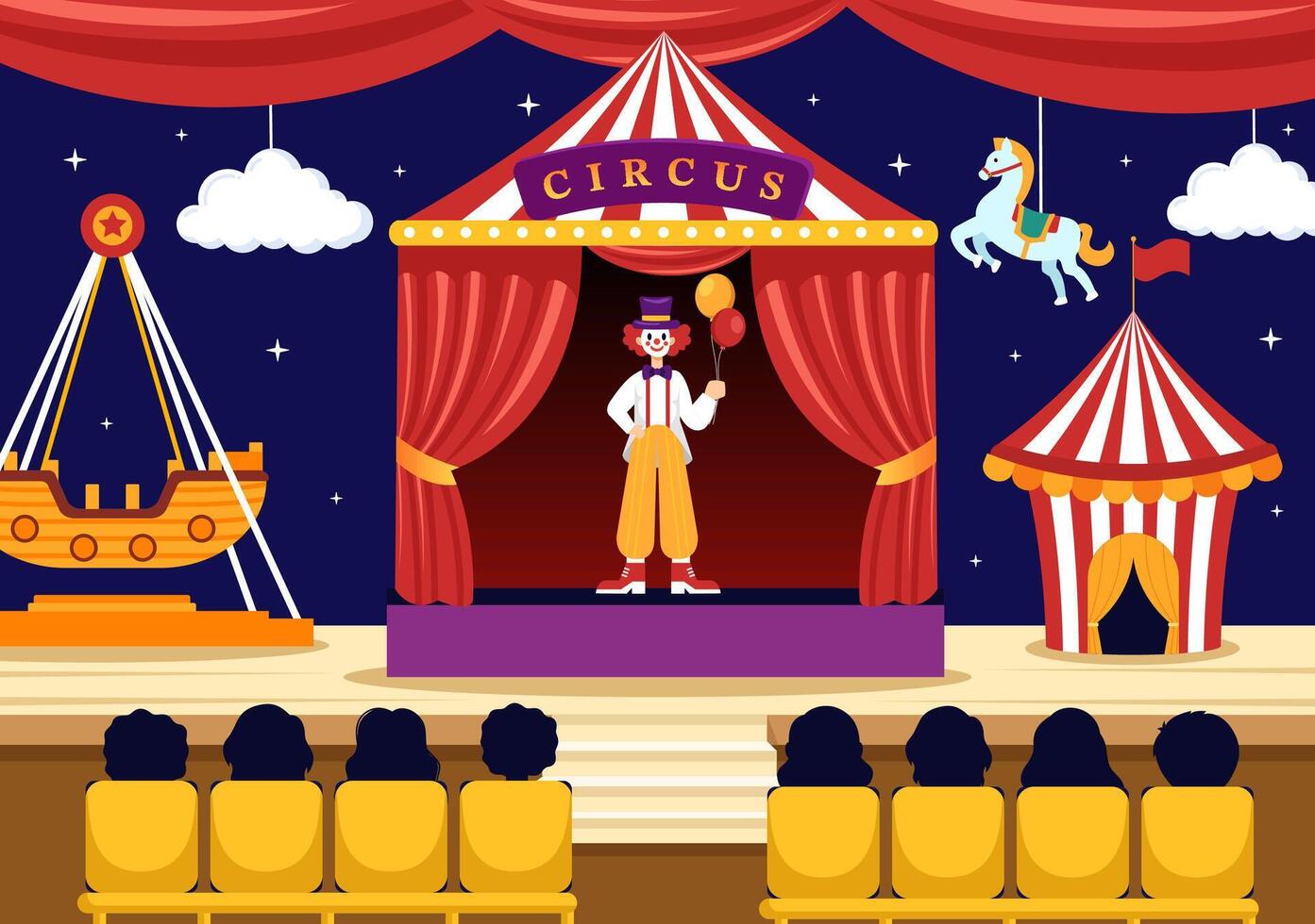 circo vettore illustrazione con mostrare di ginnasta, mago, animale Leone tigre, ospite, intrattenitore, pagliacci e divertimento parco nel piatto cartone animato sfondo