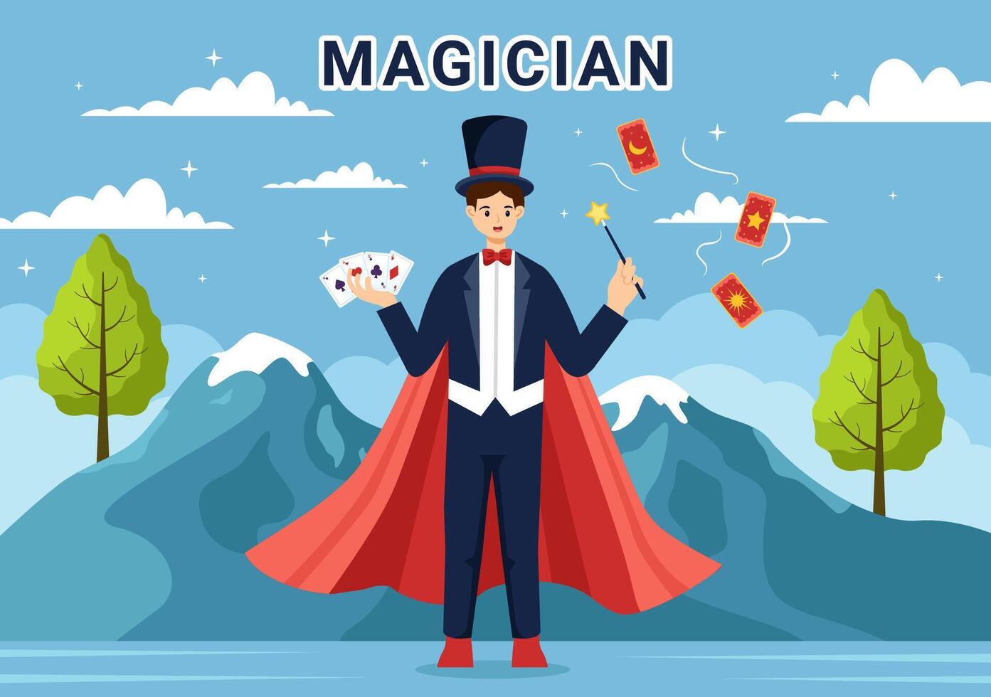 mago vettore illustrazione con illusionista evocazione trucchi e agitando un' Magia bacchetta magica sopra il suo misterioso cappello su un' palcoscenico nel piatto cartone animato sfondo