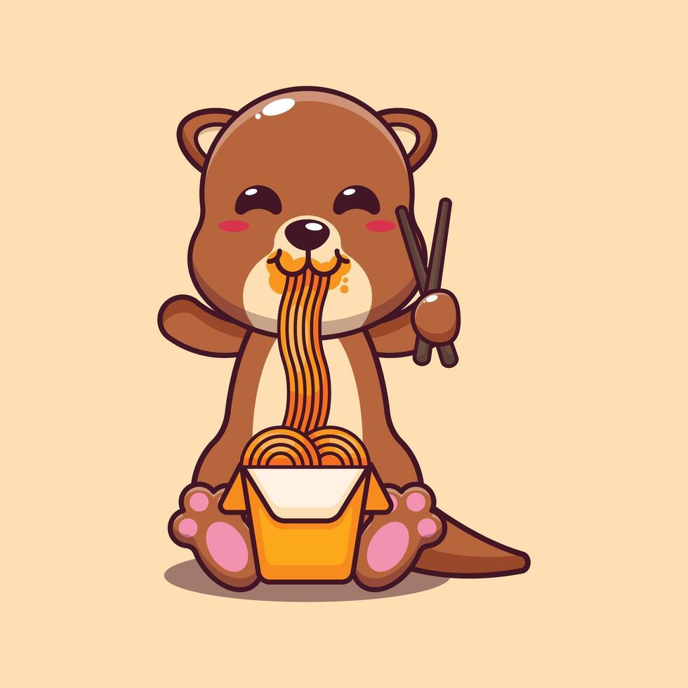 carino lontra mangiare spaghetto cartone animato vettore illustrazione.