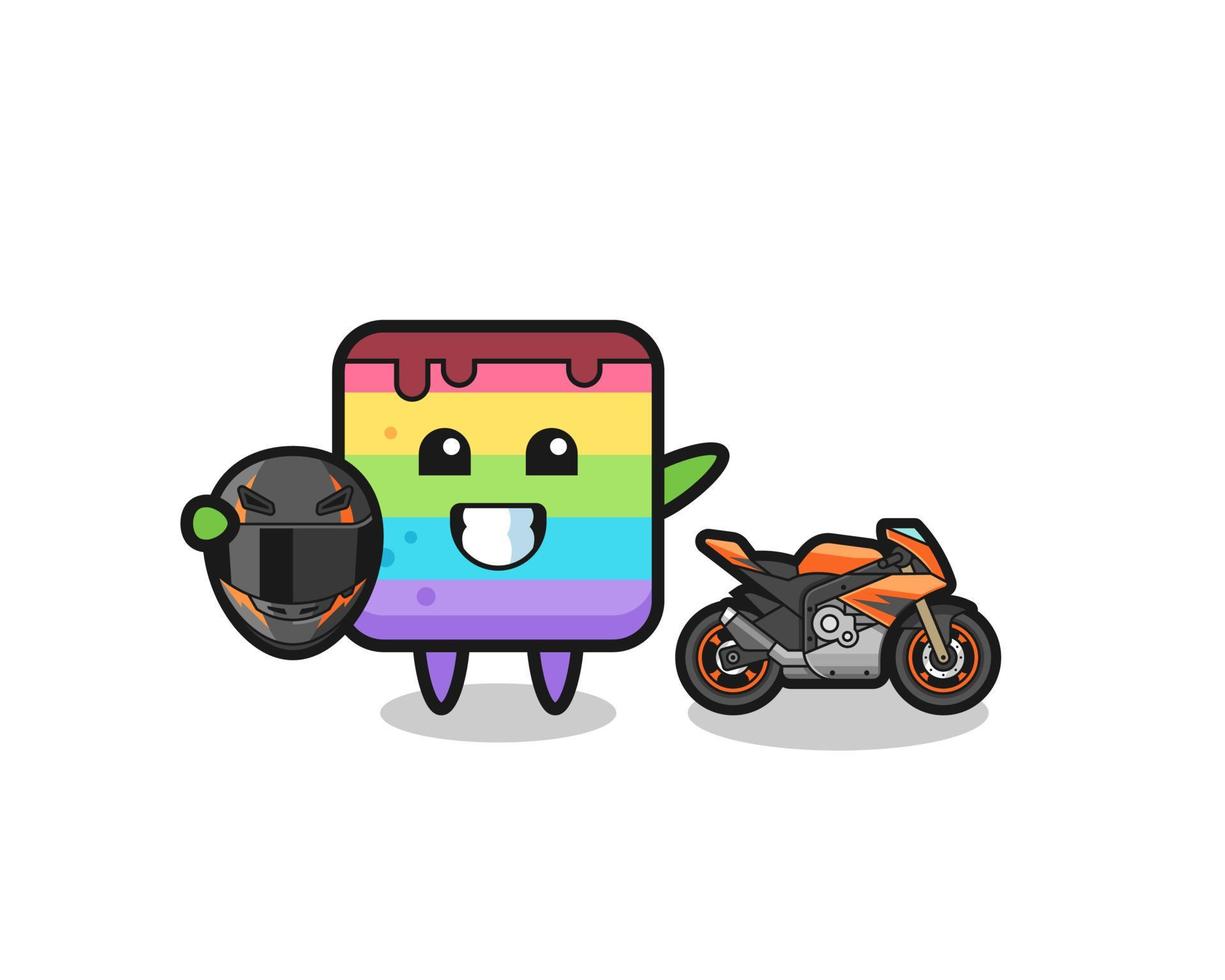 simpatico cartone animato torta arcobaleno come pilota di motociclette vettore