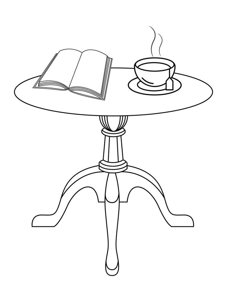 caffè e tè tavolo con bicchiere e di legno tavolo, tazza di caldo tè e tè foglia su il di legno tavolo e il tè piantagioni sfondo vettore