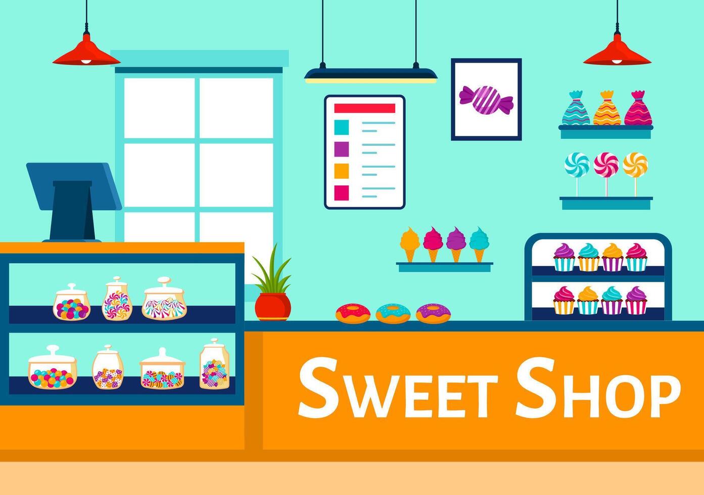 dolce negozio vettore illustrazione con vendita vario forno prodotti, cupcake, torta, Pasticcino o caramella nel piatto cartone animato sfondo design