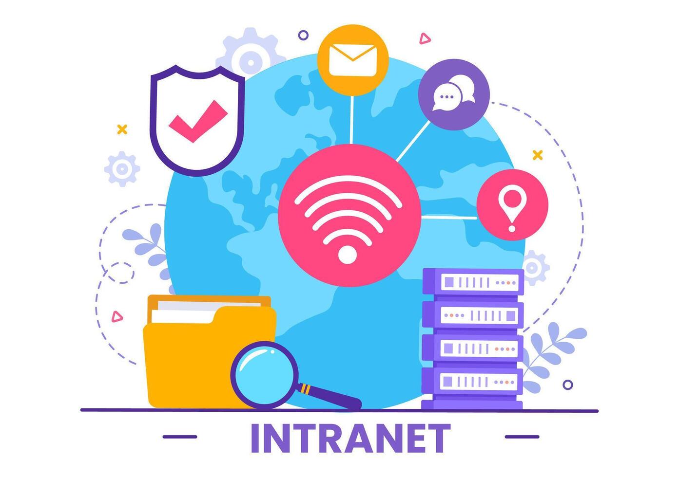 intranet Internet Rete connessione tecnologia vettore illustrazione per Condividere confidenziale azienda informazione e sito web nel piatto cartone animato sfondo