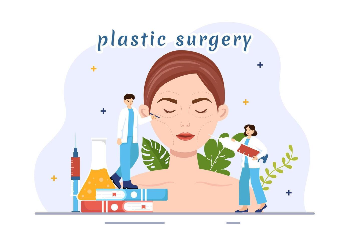plastica chirurgia vettore illustrazione di medico chirurgico operazione su il corpo o viso come previsto utilizzando Avanzate attrezzatura nel cartone animato sfondo