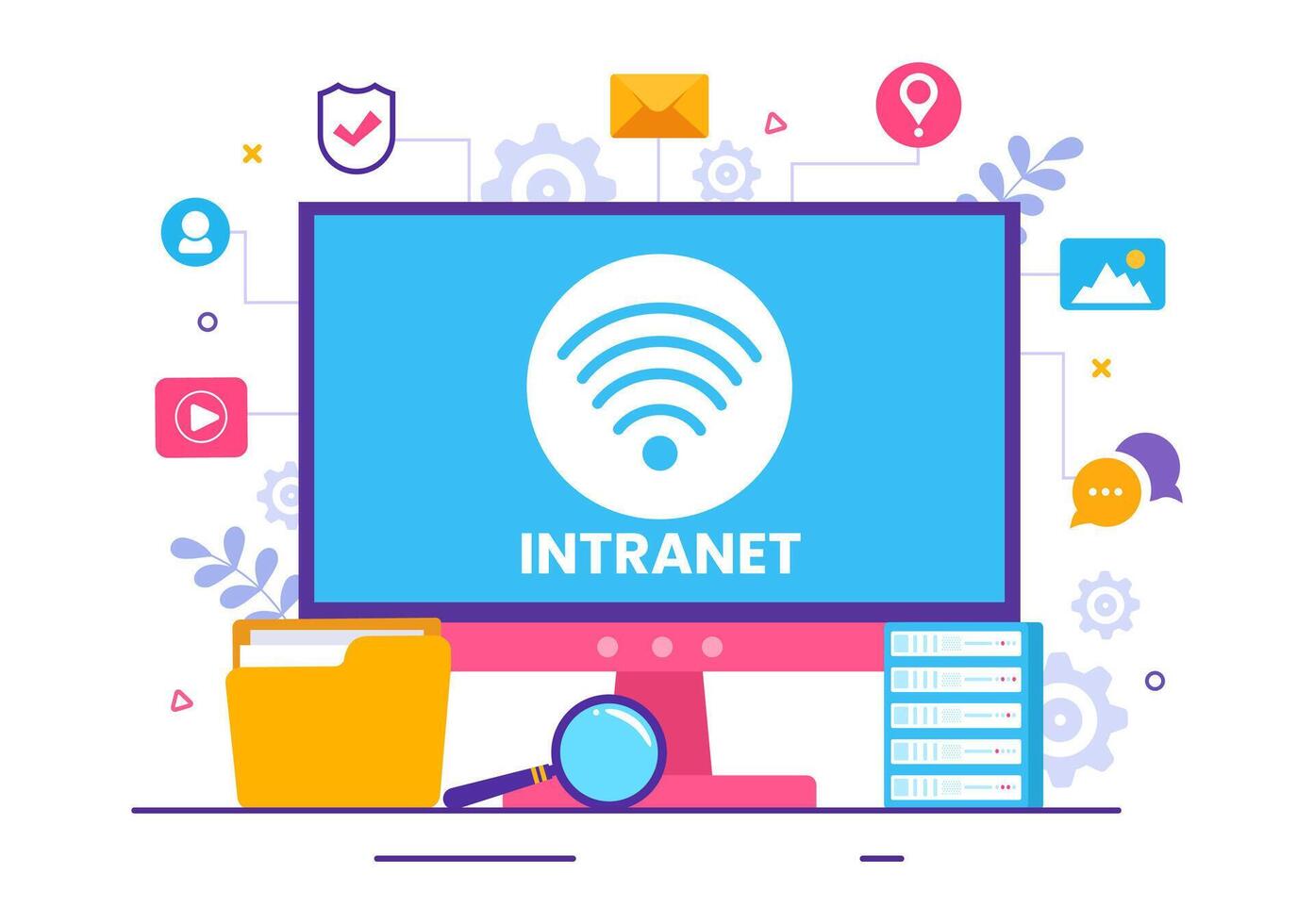 intranet Internet Rete connessione tecnologia vettore illustrazione per Condividere confidenziale azienda informazione e sito web nel piatto cartone animato sfondo