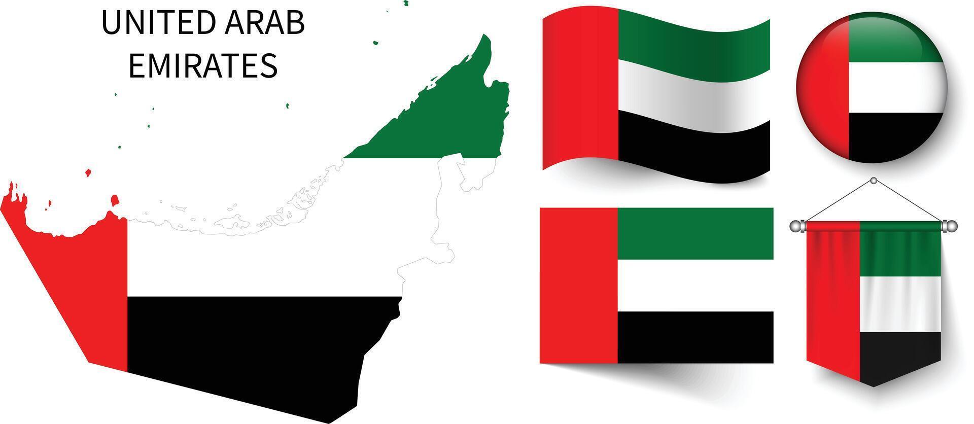 il vario modelli di il Emirati Arabi Uniti nazionale bandiere e il carta geografica di Emirati Arabi Uniti frontiere vettore