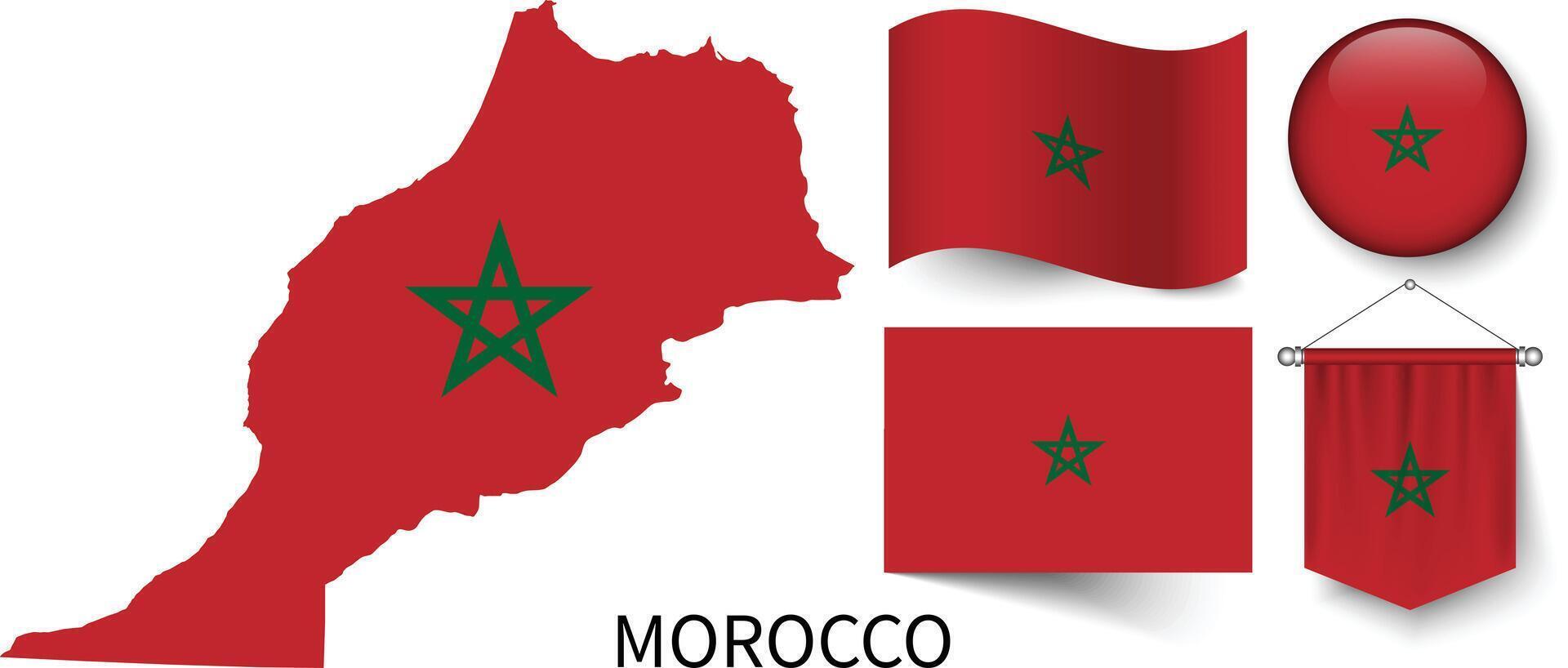 il vario modelli di il Marocco nazionale bandiere e il carta geografica di quello del Marocco frontiere vettore