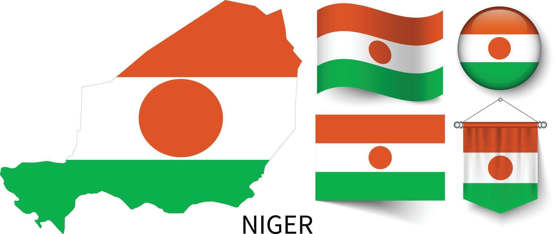 il vario modelli di il Niger nazionale bandiere e il carta geografica di quello del Niger frontiere vettore