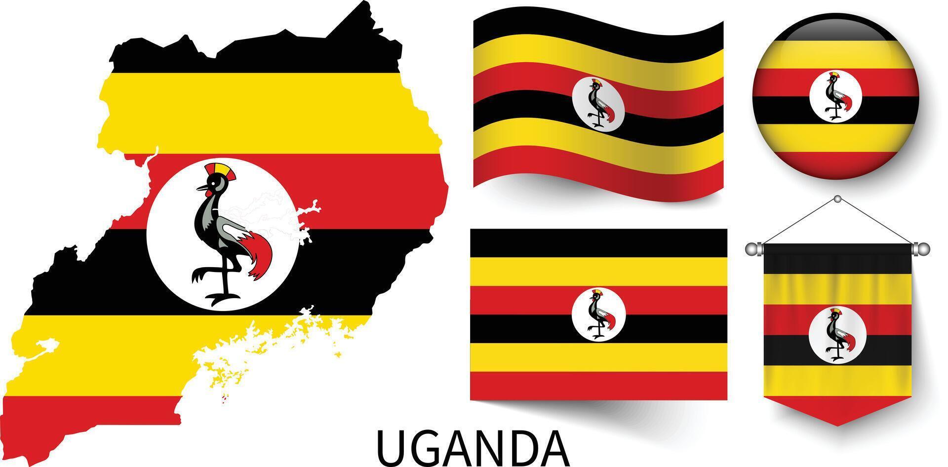 il vario modelli di il Uganda nazionale bandiere e il carta geografica di dell'uganda frontiere vettore