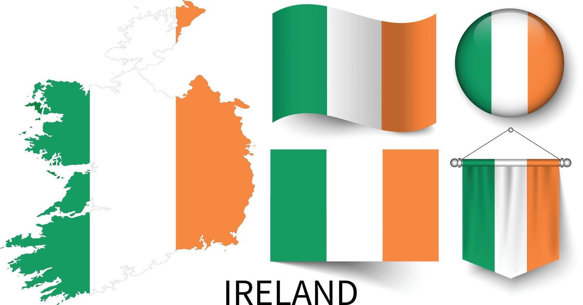 il vario modelli di il Irlanda nazionale bandiere e il carta geografica di quello dell'Irlanda frontiere vettore