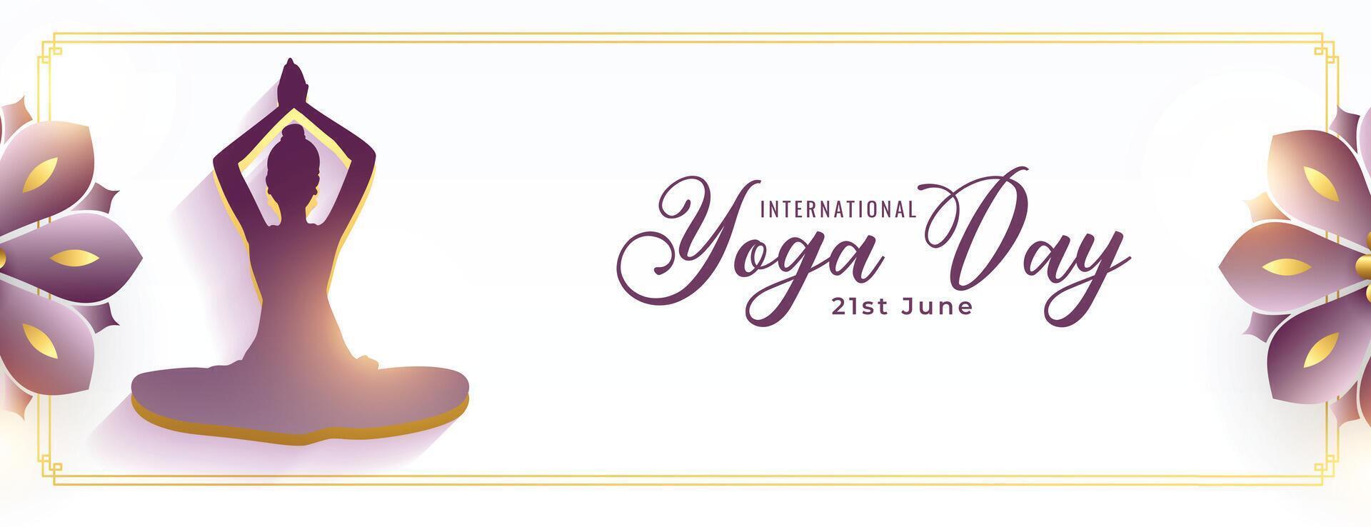 elegante e brillante internazionale yoga giorno manifesto con fiore decorazione vettore