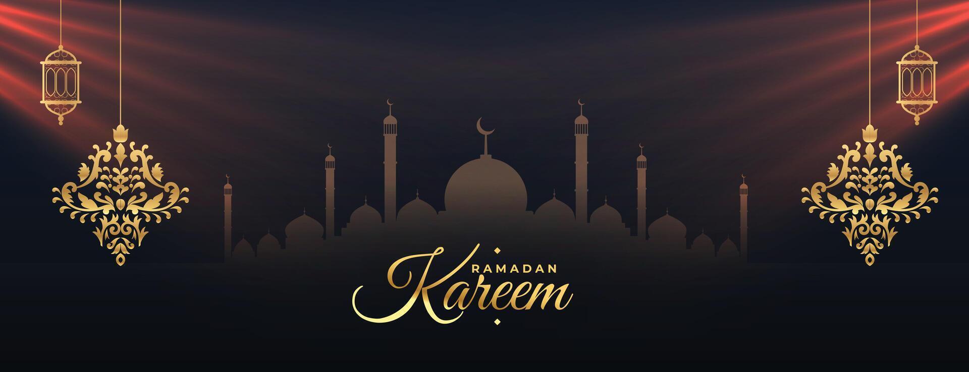 ornamentale d'oro Ramadan kareem Festival bandiera design vettore