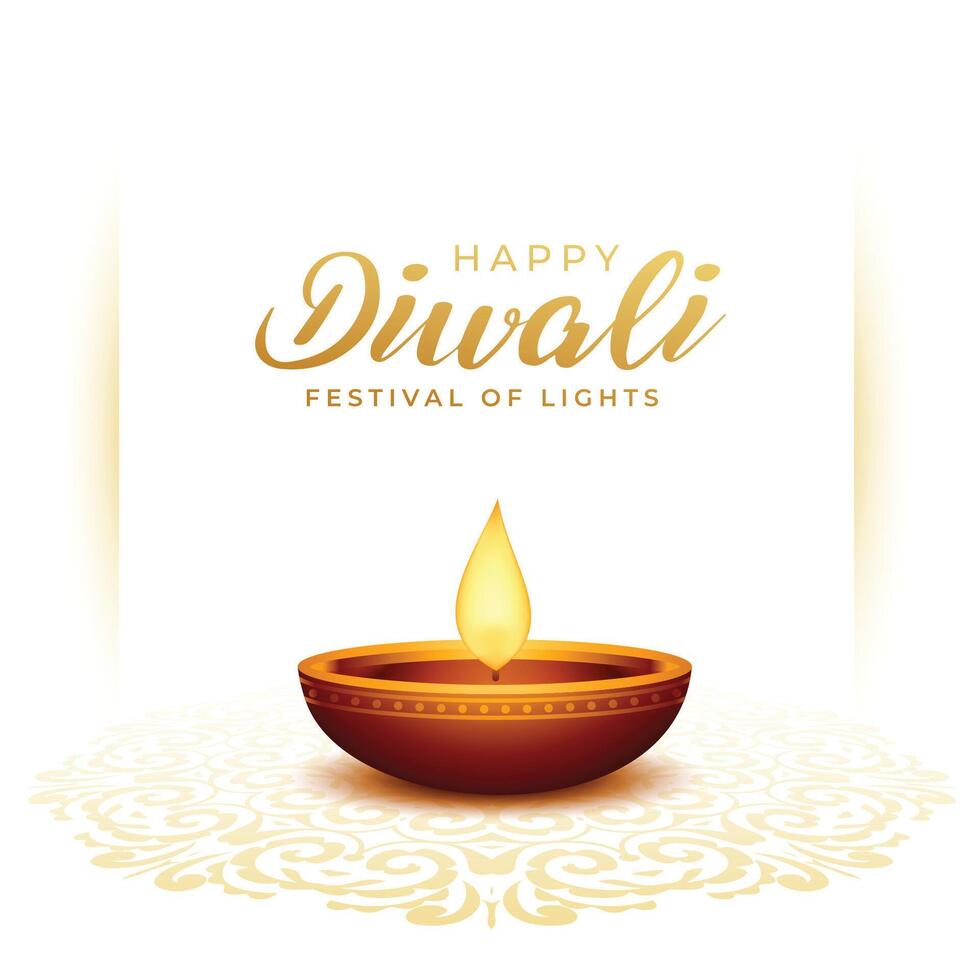 elegante contento Diwali saluto carta con raggiante diya su rangoli design vettore