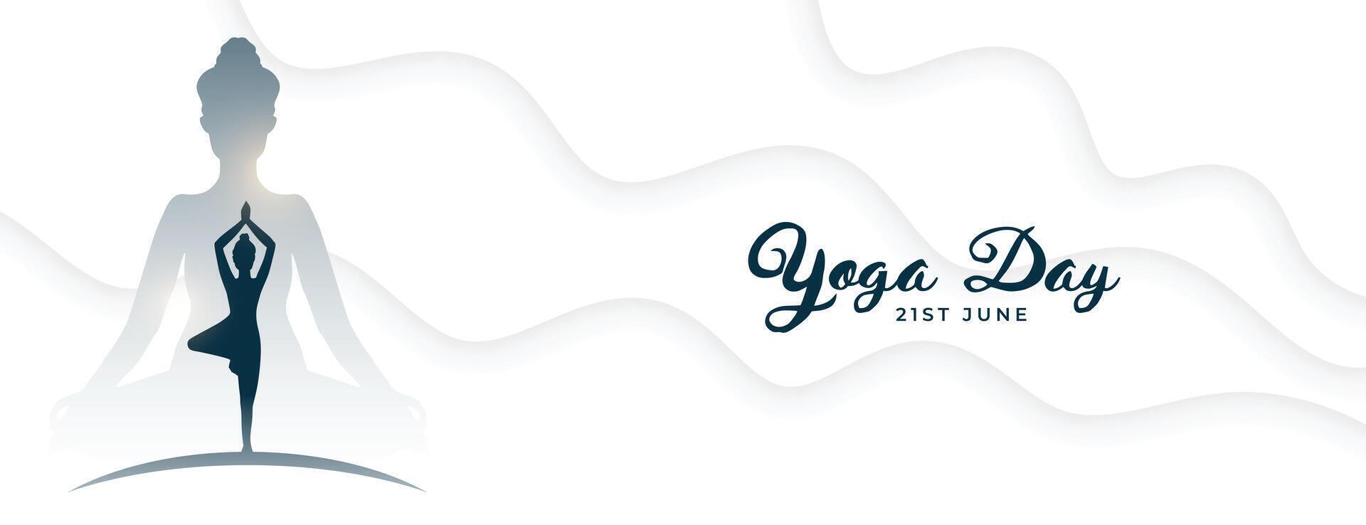 elegante 21 giugno yoga giorno bianca bandiera per spirituale terapia vettore