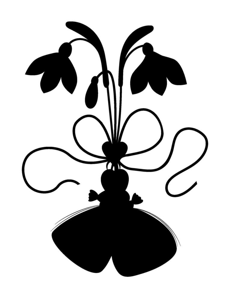 martire. tradizionale vacanza accessorio. silhouette talismano martenitsa con bucaneve fiori. simbolo primavera inizio. 1 marzo. nero mano disegnato disegno . vettore illustrazione .