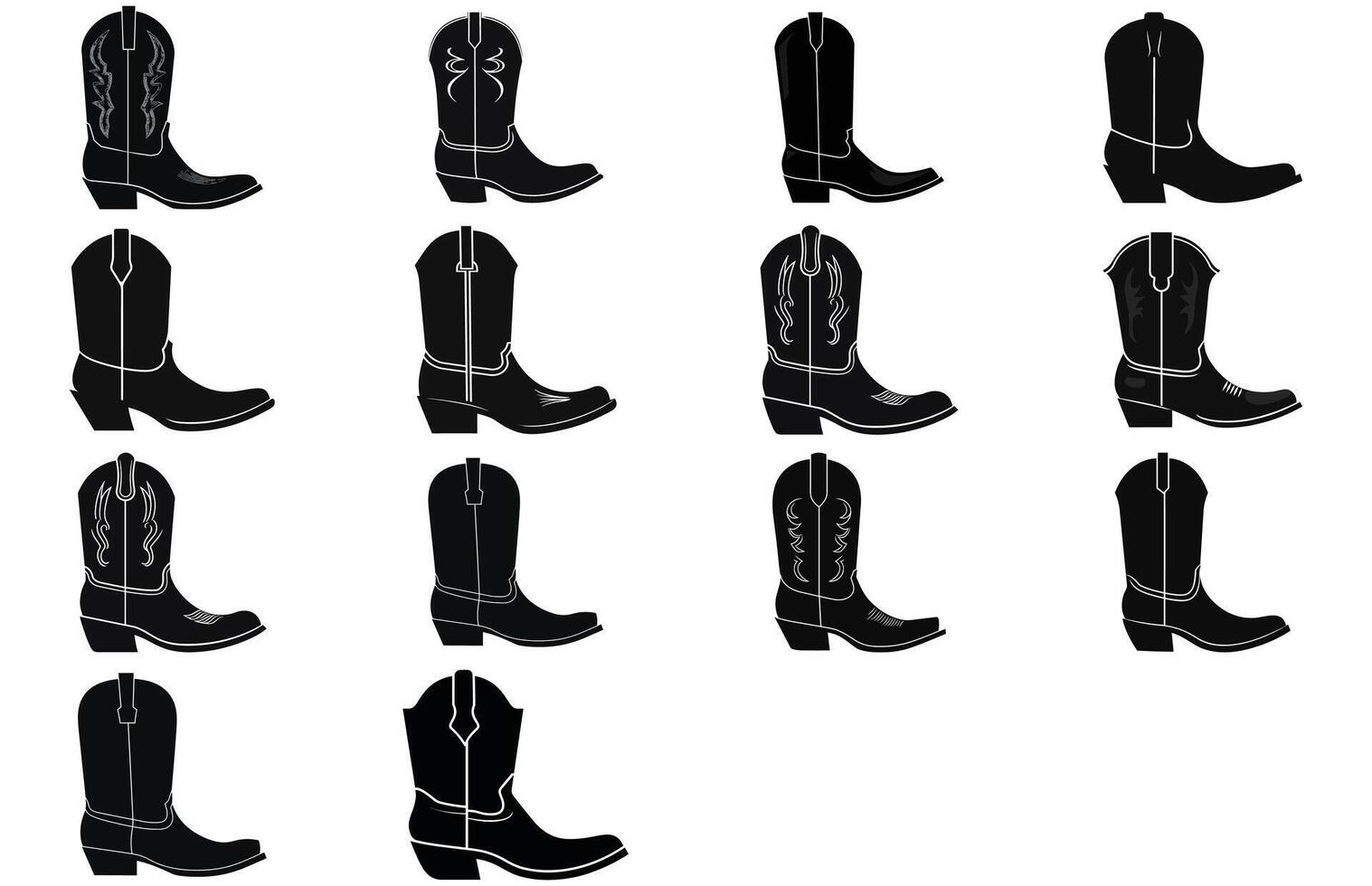 cowboy stivali con ornamento. cowboy occidentale e selvaggio ovest tema.cowboy stivale illustrazione. cowboy stivale tacchi vettore silhouette illustrazione impostare.