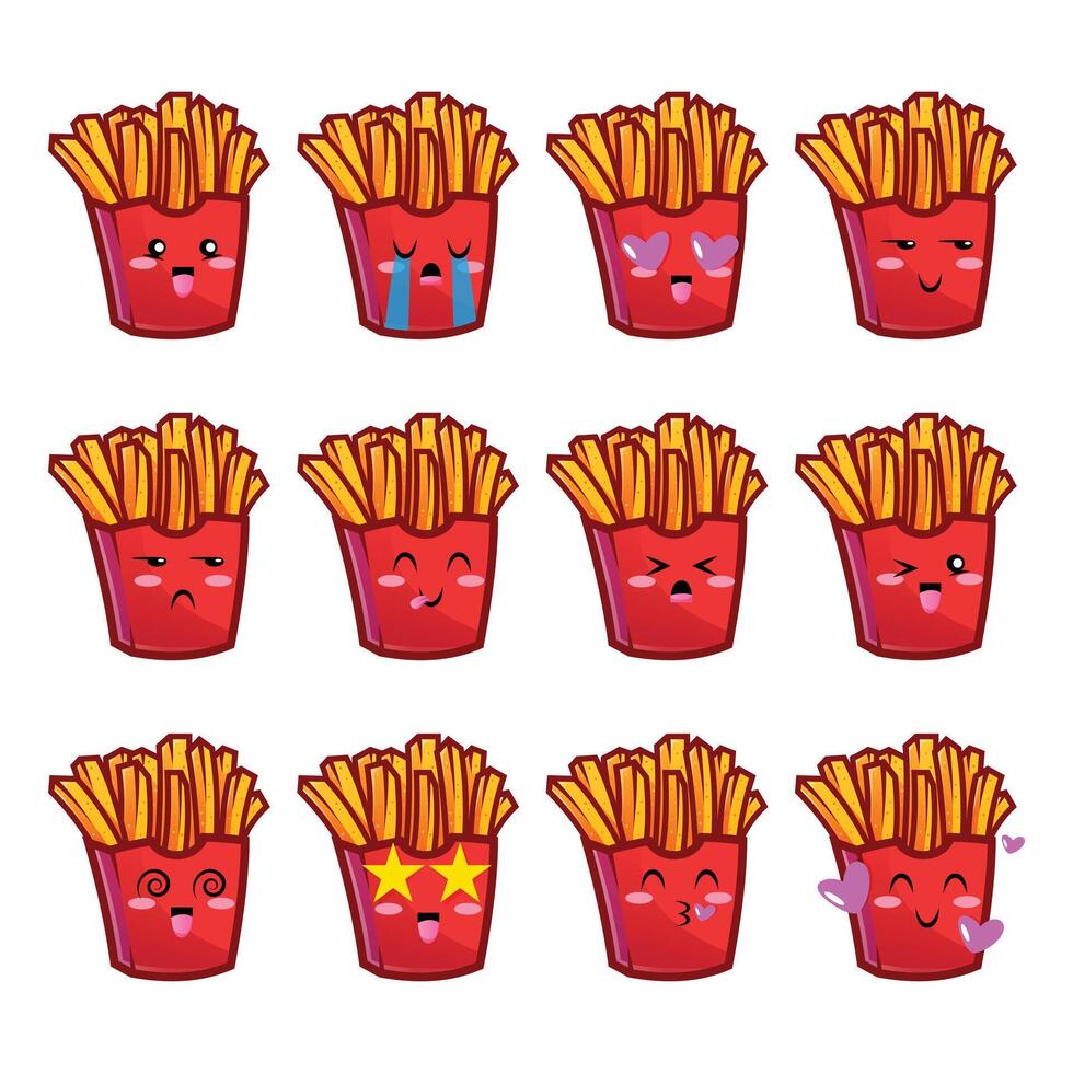 impostato francese patatine fritte emoji collezione di emoticon nel cartone animato stile isolato su bianca sfondo, vettore illustrazione