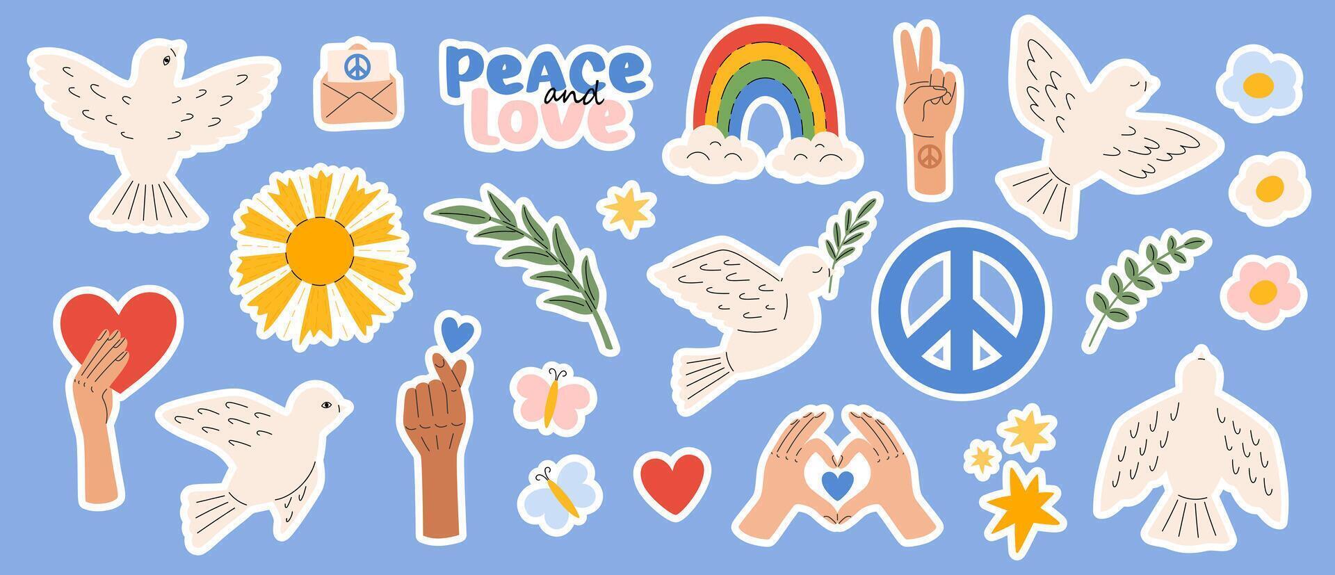 pace e amore, libertà, no guerra etichetta pacchetto. colomba uccello, arcobaleno, cuore, braccia. internazionale giorno di pace. pacifismo e hippie simboli. vettore illustrazione nel piatto mano disegnato stile