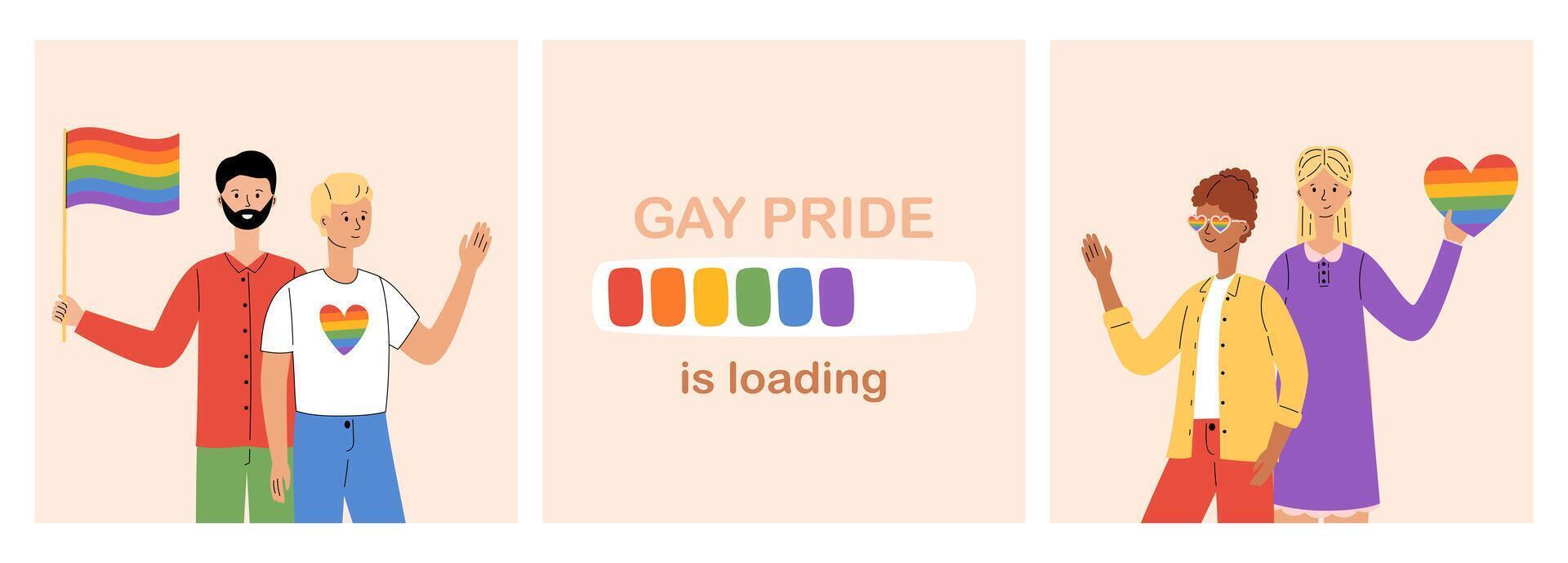 lgbt Comunità. diverso persone hold arcobaleno bandiera e cuore. gay, lesbiche, bisessuale orgoglio parata. LGBTQ orgoglio mese saluto carte. vettore illustrazione nel piatto stile