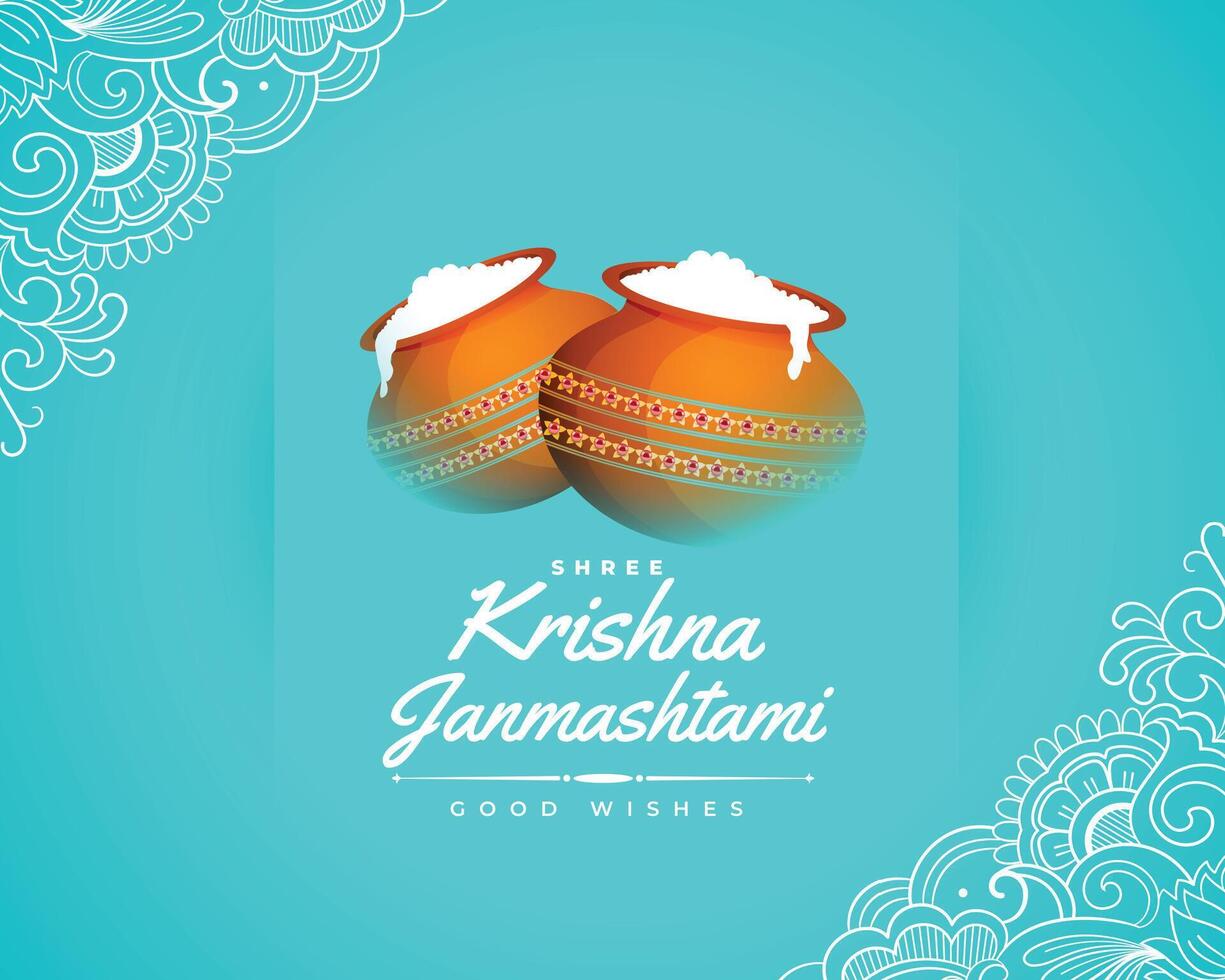 elegante krishna Janmashtami Festival blu carta con matki vettore