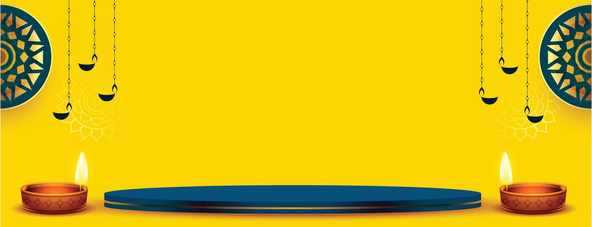 contento Diwali giallo bandiera con 3d podio e olio lampada design vettore