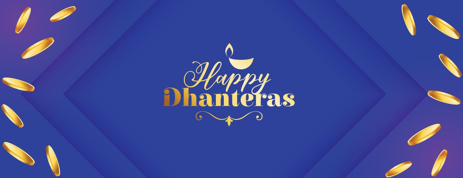 indiano culturale contento dhanteras celebrazione bandiera con d'oro moneta decorazione vettore