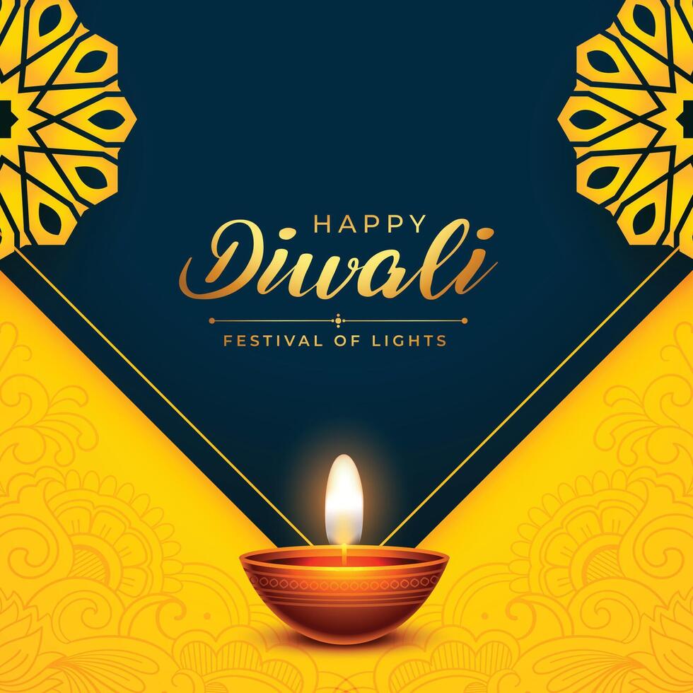 realistico diya su giallo sfondo per Diwali Festival di luci vettore