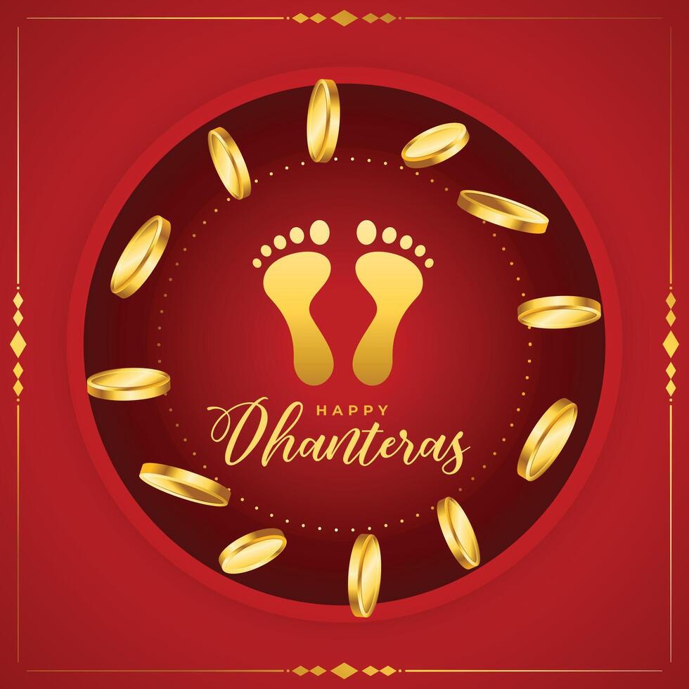 tradizionale contento dhanteras festivo sfondo con d'oro piedi e moneta vettore