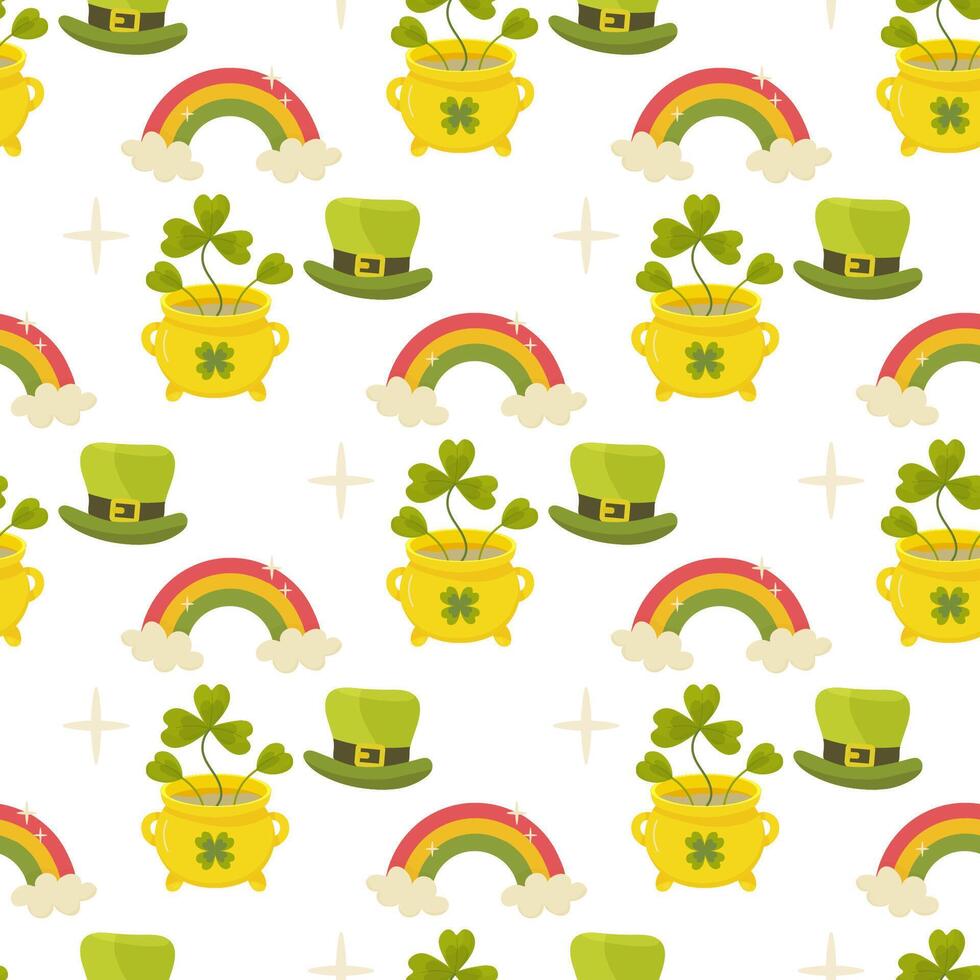 st patricks giorno senza soluzione di continuità modello, trifoglio, gnomo folletto, monete, arcobaleno. vettore illustrazione