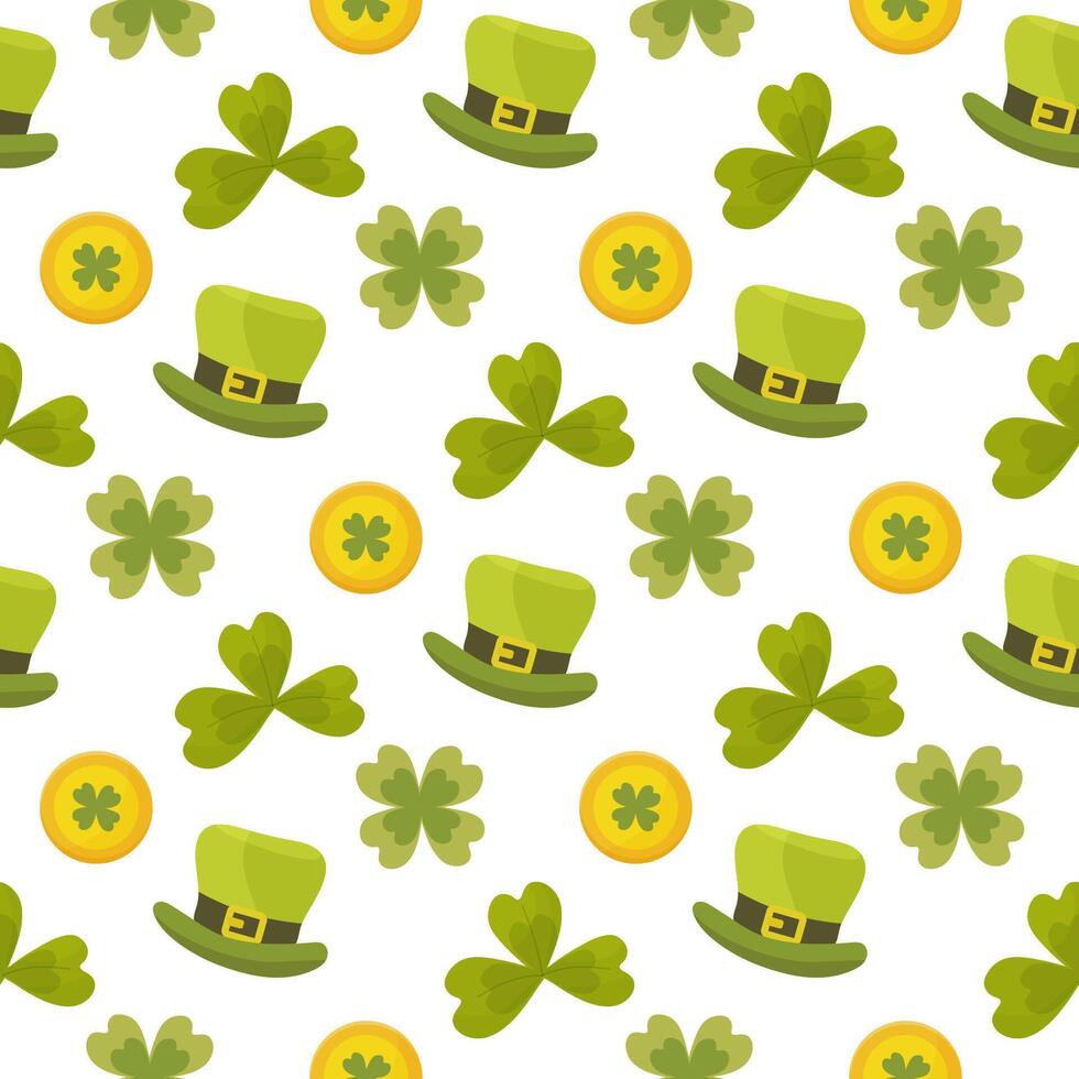 st. Patrick giorno senza soluzione di continuità modello, trifoglio e oro monete. vettore illustrazione