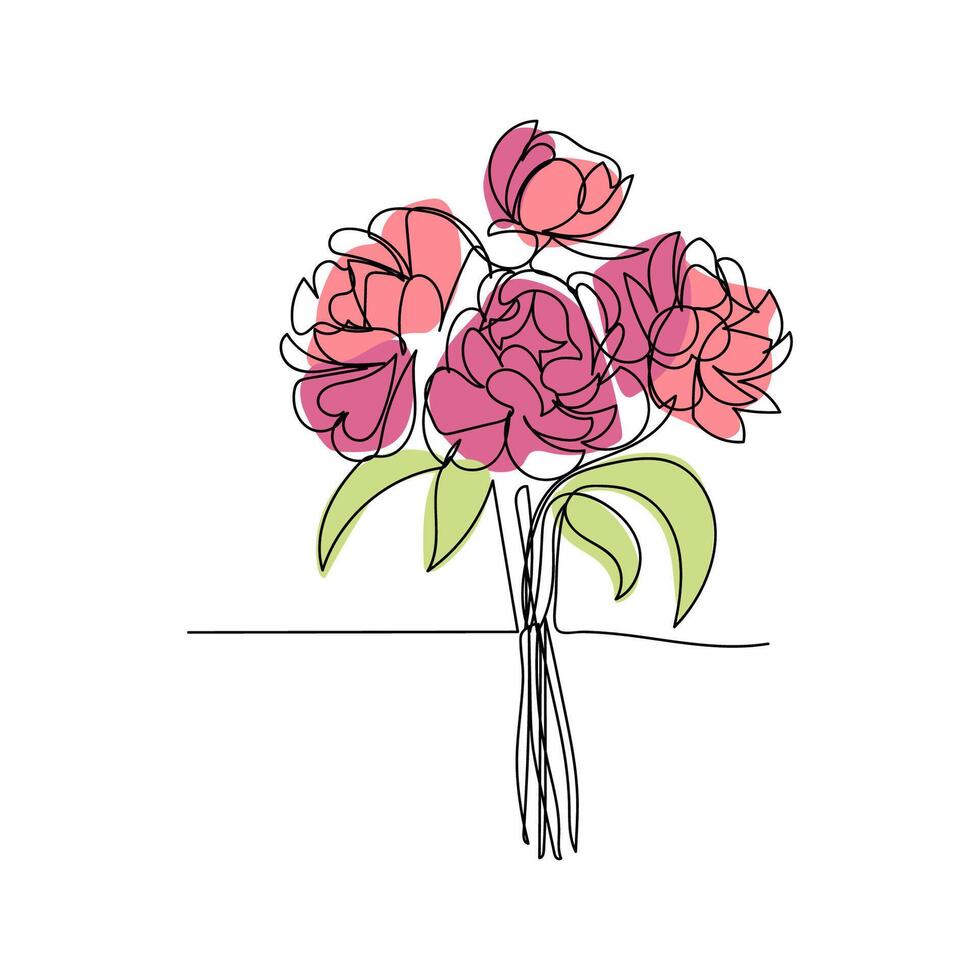 linea arte, mazzo di fiori peonie primavera e estate, disegno con uno linea. vettore illustrazione bianca sfondo