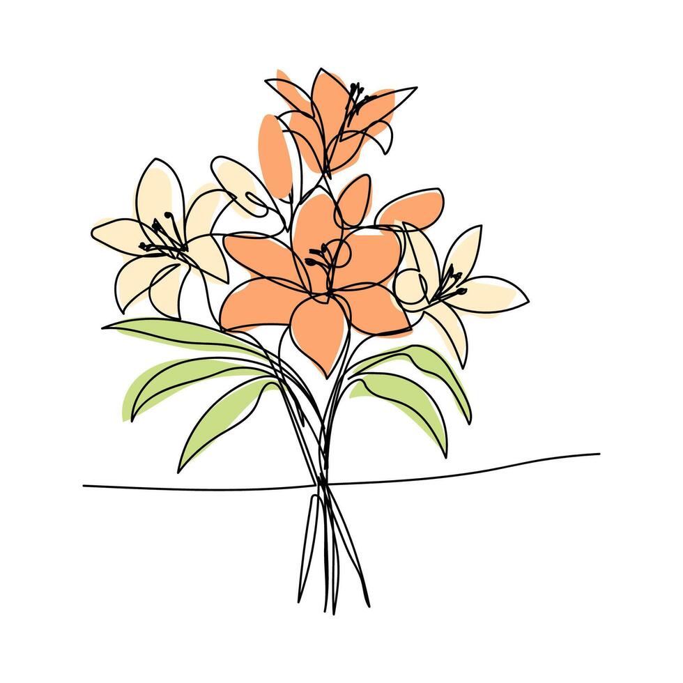 linea arte, mazzo di giglio fiori primavera e estate, disegno con uno linea. vettore illustrazione bianca sfondo
