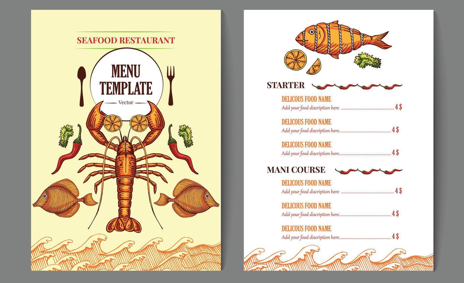 mare cibo ristorante bar menù modello design. cibo menù volantino, mano disegnato illustrazione disegno vettore