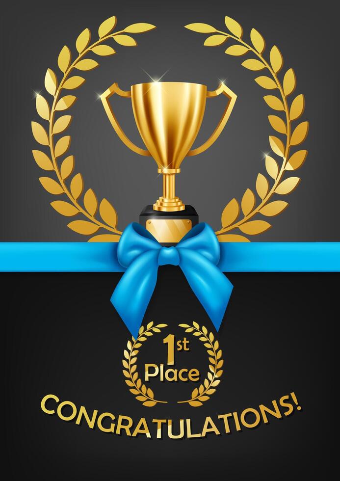 Congratulazioni saluto carta con blu arco e d'oro trofeo, vettore illustrazione