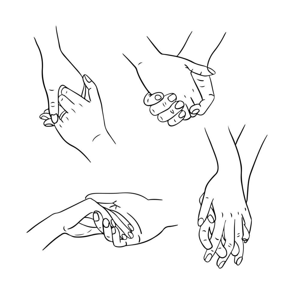 Due mani Tenere insieme abbozzato scarabocchio impostare. maschi e femmine mani di persone nel relazione. amore concetto. ideale per colorazione pagine, tatuaggio, modello vettore