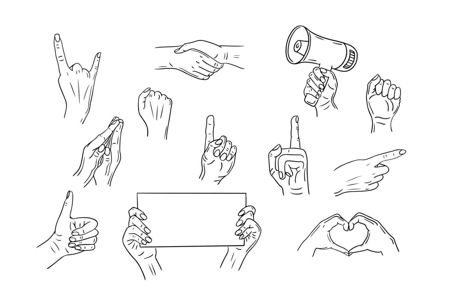 mani gesti contorno mano disegnato abbozzato impostare. femmina mani. femminismo concetto. ideale per colorazione pagine, tatuaggio, modello vettore