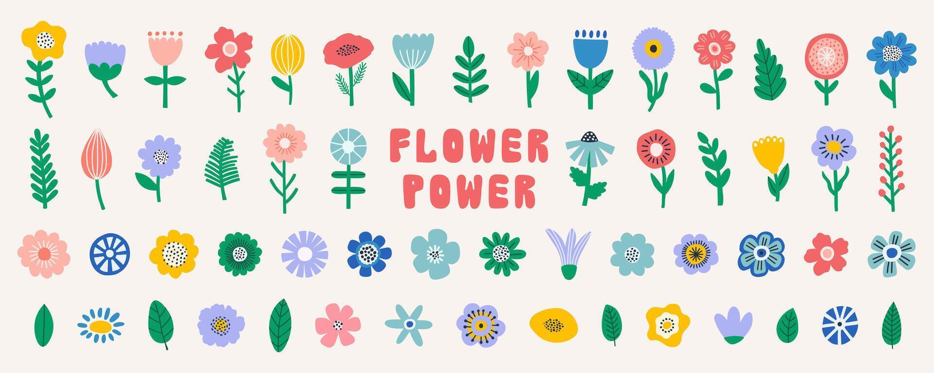 astratto floreale grande impostato con colorato fiori, foglie, geometrico elementi. fiori selvatici botanico moderno mano disegnato vettore illustrazione