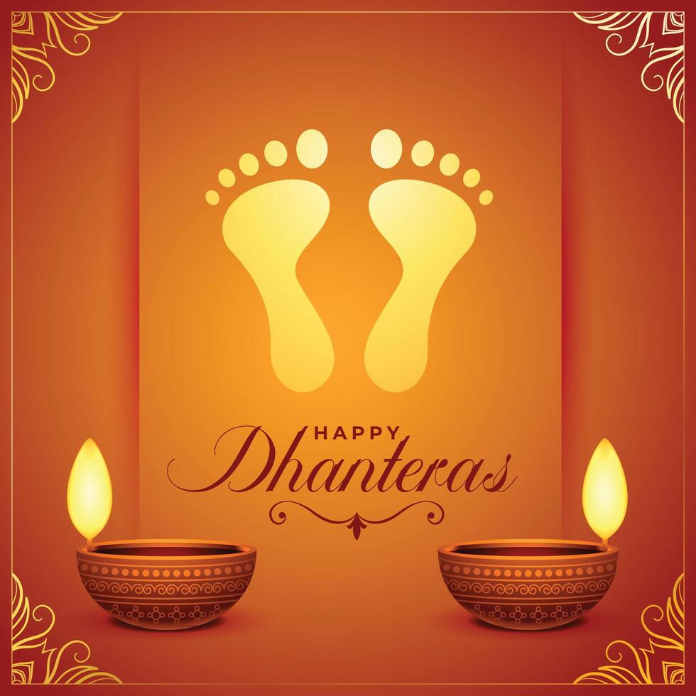 shubh dhanteras auguri sfondo con dea charan e olio lampada vettore