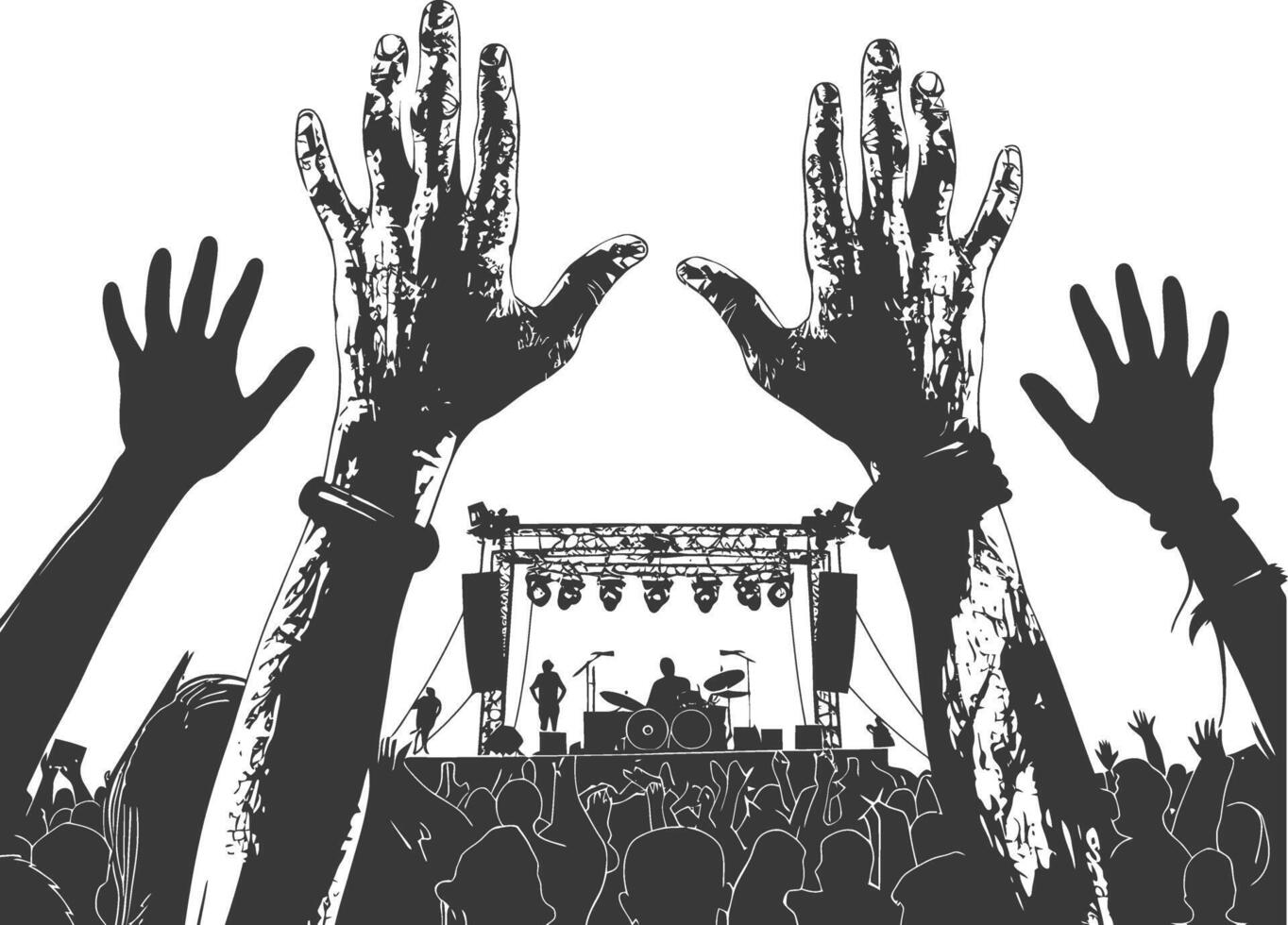 ai generato silhouette mani sollevato a un' musica Festival nero colore solo vettore